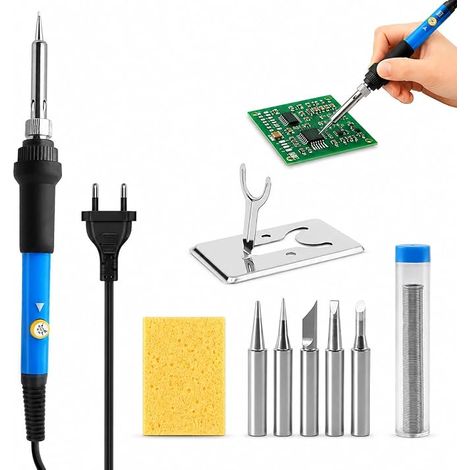 Soldering Iron 60 W, 9 Pieces Tin Soldering Kit with 5 Interchangeable Tips, Adjustable Soldering Iron 392-842 °F, Stand, Desoldering Pump and Soldering Wire for Electronic Repair and DIY (1/5)