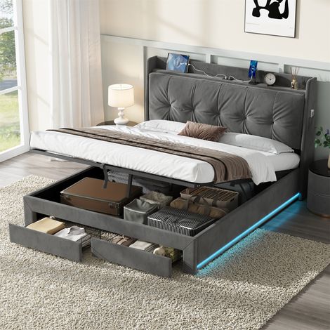 Grey Velvet Upholstered Bed Frame with Hydraulic Storage Drawers, RGB LED Headboard & Charging Station - Ottoman Storage Bed with Back Cushion (No Mattress Included), 5ft King Size (1/5)