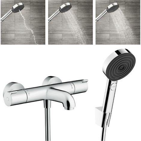 Hansgrohe Ecostat Set Mezclador termostático baño/ducha + Teleducha 105mm 3 jets + Flexo de ducha 160cm + Soporte de pared, Cromo (1/5)