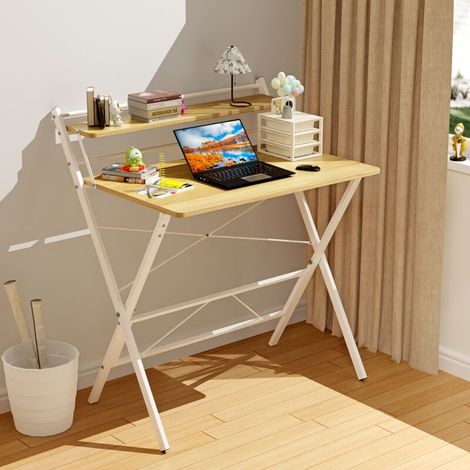 Petite table pliante,80x50x107cm,Bureau d'ordinateur pliable à 2 niveaux avec étagère (1/5)