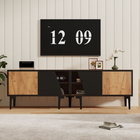 Mobile TV bassa design 160x36,5x45 cm con 4 ante e 7 gambe stabili, scaffale in legno massello, finitura naturale (1/5)