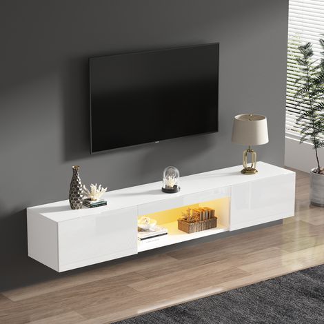 Meuble TV Mural avec 2 Portes et 1 Niche et LED, Façade Blanc Brillant, pour Téléviseur jusqu’à 70 Pouces, 160×31×22 cm (1/5)