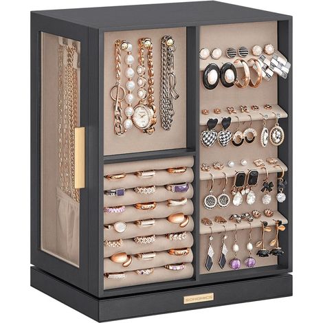 Boîte à bijoux rotative à 360° coffret à bijoux avec 5 tiroirs fenêtres en verre latérales grand rangement pour accessoires design ouvert (1/3)