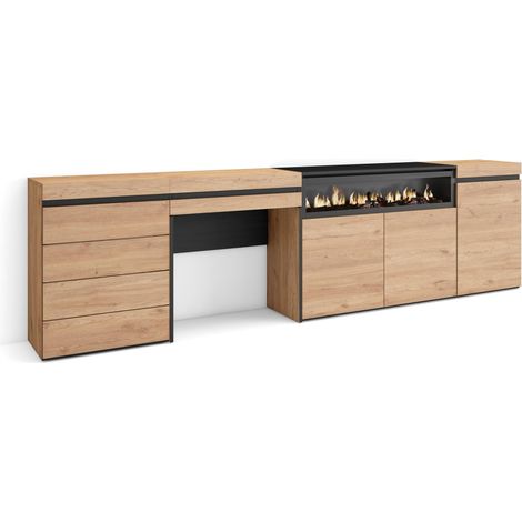 Skraut Home – Buffet moderne en chêne – Dimensions 277x75x35cm – Meuble de rangement avec cheminée électrique intégrée – Commode et coiffeuse (1/5)