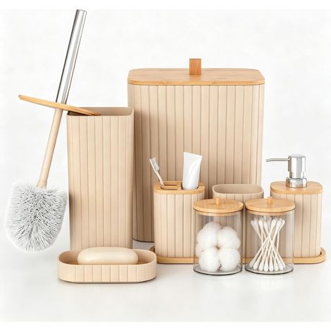 Lot de 9 accessoires salle de bain modernes en plastique PP et bambou beige avec poubelle, brosse WC, porte-brosse à dents, gobelet, distributeur savon, porte-savon, boîtes cotons-tiges et plateau (1/5)