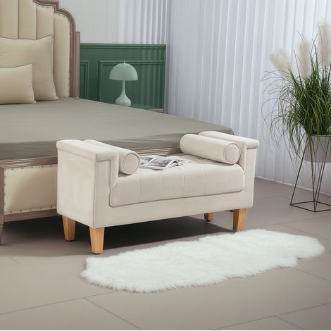 Panca imbottita in ciniglia beige con braccioli, 2 cuscini e gambe in legno OKWISH (1/5)