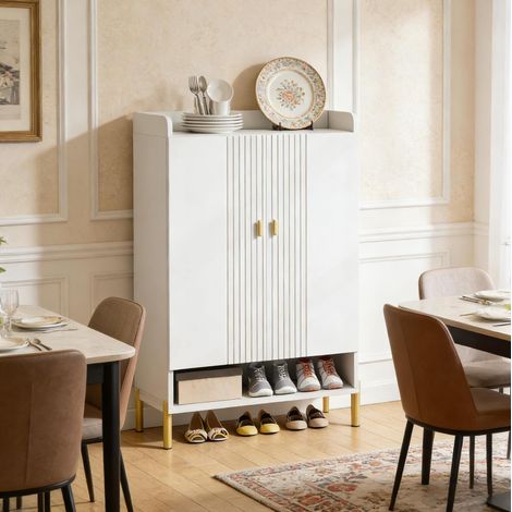 Zapatero 75x36.5x110 cm blanco en metal y madera con 2 puertas y estantes ajustables (1/5)