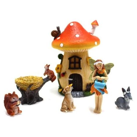 Pair Lot de 6 décorations miniatures de jardin – Maisons champignons en résine – Style féerique