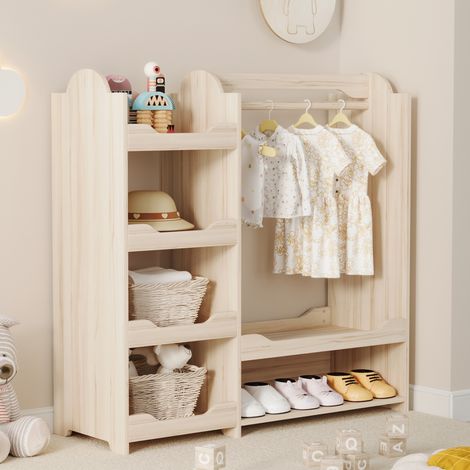 Kindergarderobe 110x39x110 cm Natur aus MDF und Kiefernholz mit Kleiderstange und 4 offenen Regalen (1/5)