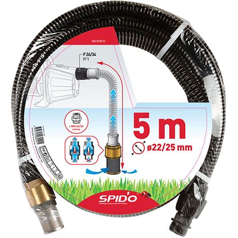 Spido – Tuyau d'aspiration 5 m Ø 22 mm – Clapet et crépine en laiton – Raccord F 26/34 – Compatible pompes de surface et groupes de surpression