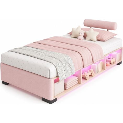 Letto imbottito per bambini in velluto rosa con scaffale laterale aperto e LED, testiere montabili su 3 lati, struttura bassa salvaspazio, 90x200 cm  CHICFURN (1/5)