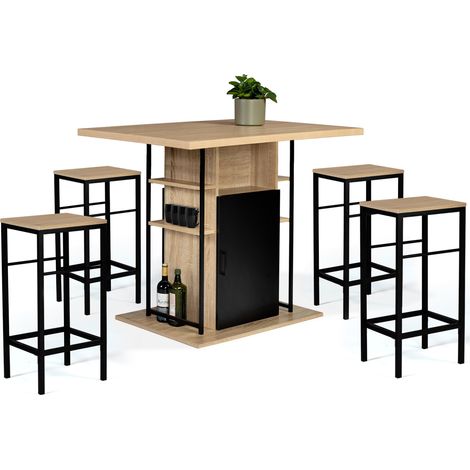 Idmarket – Ensemble îlot central 110 cm bois noir – 4 tabourets métal noir – Rangement avec étagères et placard – Style industriel
