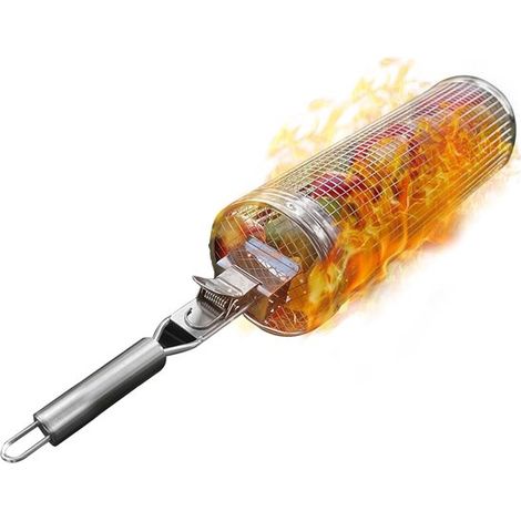 Juego de utensilios para barbacoa - Jaula redonda rodante de acero inoxidable para barbacoa, 48 x 9,5 cm (1/2)