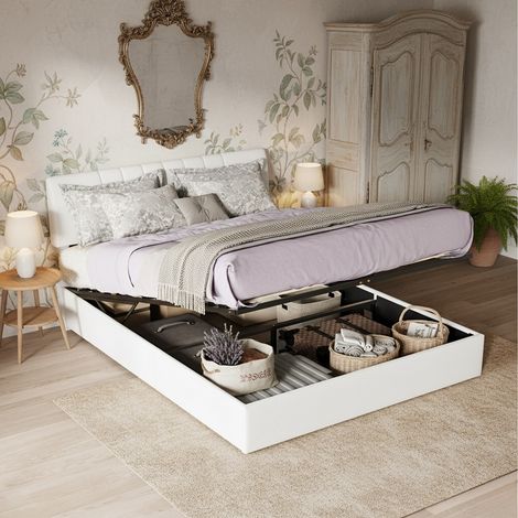 Letto contenitore 140x200 con rete a doghe, porte USB/Type-C, letto matrimoniale imbottito trapuntato, letto per adulti con testiera regolabile, velluto, stile scandinavo, Bianco (1/5)