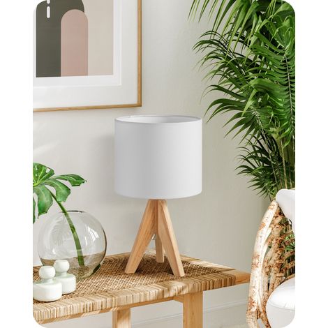 EDISHINE Lampe de chevet en bois, lampe de table avec ampoule LED E27, 36 x 20 x 20 cm trépied, abat-jour en lin blanc