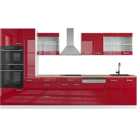 Küchenzeile R-Line, Bordeaux Hochglanz/Weiß, 350 cm mit Hochschrank, AP Eiche, Vicco