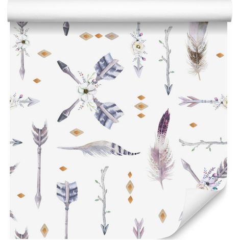 Papel pintado con flechas de plumas indias para salón y dormitorio, 50x1000 cm. (1/5)