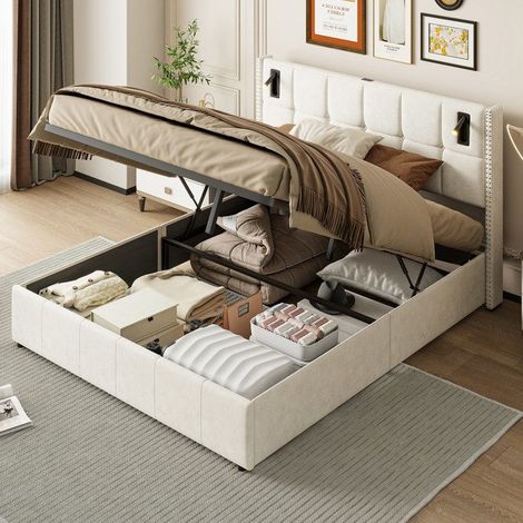 Cama con cofre de terciopelo beige 140x200 cm – almacenamiento hidráulico, 2 lámparas de lectura LED, somier de lamas, cabecera