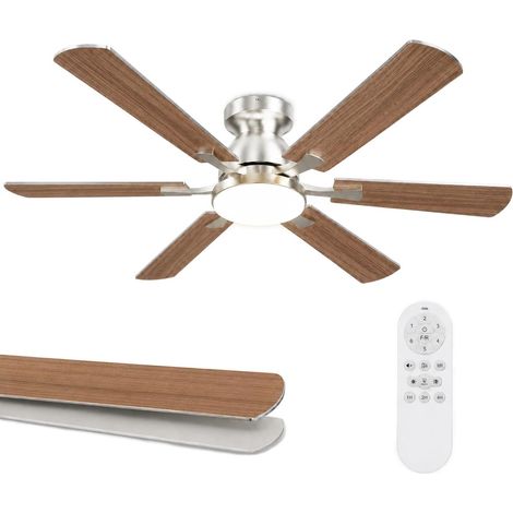 132 cm Ventilateur de Plafond avec Lumière, Pales Double Face Bois & Argent, Silencieux pour Chambre et Salon, LED 3 Couleurs, Moteur DC Réversible, Télécommande, 6 Vitesses, Modèle Plafonnier