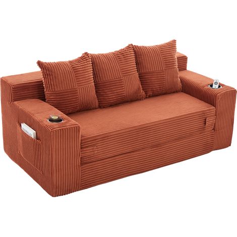 Sofá modular de 3 plazas de pana naranja con portavasos y bolsillos laterales MODENUIT (1/5)
