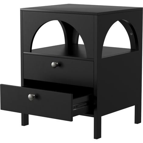CHICFURN Mesita de noche 45x40x58 cm en MDF negro, 2 cajones y nicho abierto para dormitorio (1/5)