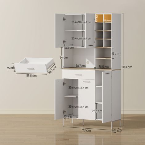 Meuble de cuisine avec étagères ouvertes, compartiments, casier à vin, armoire garde-manger à 5 portes, MDF, blanc (1/5)