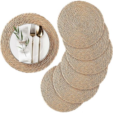 Ensemble de sets de table ronds tissés Sets de table en rotin tressé de 30 cm (12 pouces) Sets de table rustiques bohèmes Résistants à la chaleur Sets de table d'extérieur pour terrasse (1/4)