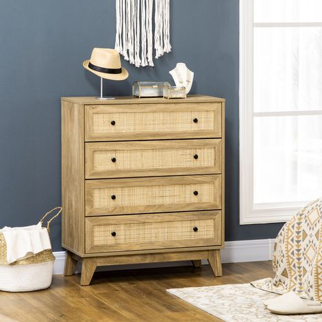 Commode Tiroirs Façades Rotin Style Cannage Chambre Naturelles Mobilier Intérieur Bois 80x35x95cm (1/4)