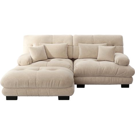 Canapé d’angle Cloud pour salon, canapé double en chenille avec 2 coussins lombaires et 2 coussins décoratifs, canapé rembourré avec larges accoudoirs et ottoman, chenille brun clair (1/5)
