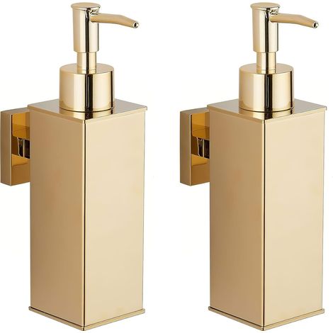 Pack de 2 distributeurs de savon muraux, acier inoxydable 304, doré, pour salle de bain et cuisine. (1/5)