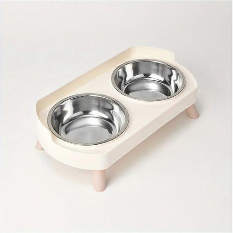 Comedero y bebedero 2 en 1 para gatos, dos cuencos de acero inoxidable con patas de madera, base antideslizante, fácil de limpiar. (1/5)