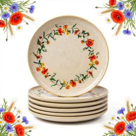 Assiettes plates (lot de 6) - Grandes assiettes plates 27 cm - Céramique - Motifs de fleurs sauvages et de coquelicots (1/5)