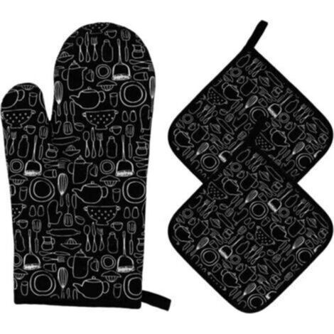 Gants de Four et Maniques Cuisine Résistant à la Chaleur Gants de Four eCoton Gants de Cuisson à Poignets Longs pour Griller, Cuisiner, Cuire, Micro-Ondes 3 Pièces (Noir)