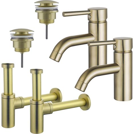 FugaFlow Eccelente Sobrado Kit robinet lavabo - pour double vasque - robinet bas - bonde clic clac - siphon design - Laiton brossé PVD (1/4)