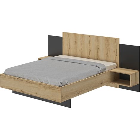 M&S – Lit avec tiroirs 140x190 – Tête de lit avec chevets intégrés – Ceinture en épaisseur 22mm – Coloris chêne Helvezia/marron (1/5)