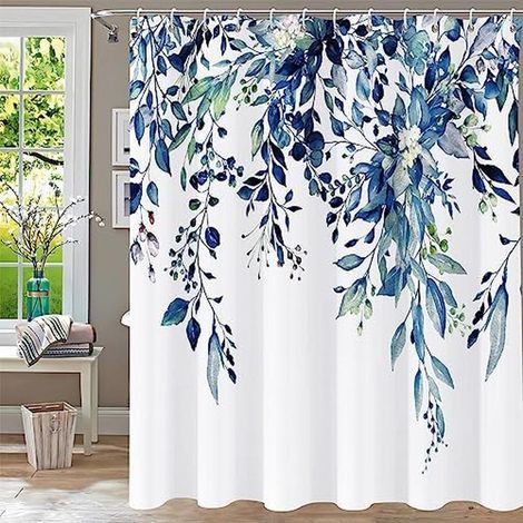 Filiyano-Rideau de douche 1 pièce, motif eucalyptus bleu, rideau de douche à feuilles aquarelle, imperméable, motif végétal. (1/4)