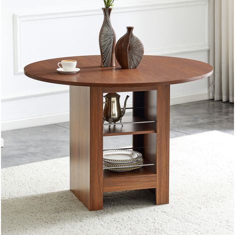 Runder Esstisch 100x76 cm Walnuss MDF mit offenen Stauraumfächern für 4-6 Personen (1/5)