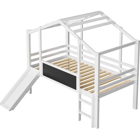 Kinder-Hochbett 90 x 200 cm mit Rutsche, Sicherheitsleiter und Tafel, Weiß (1/5)