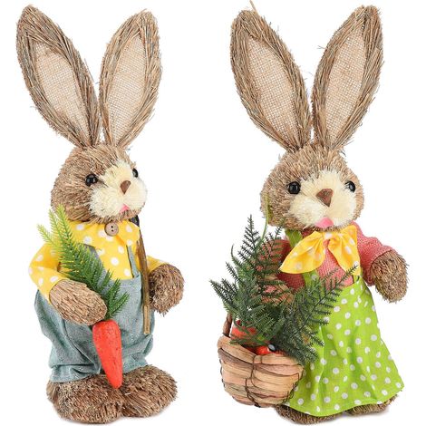 2 figurines lapins de Pâques en mousse décorative, ornements rustiques mignons pour décoration intérieure, 35 cm (1/5)