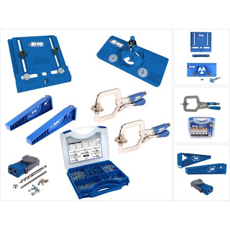 Set per la costruzione di mobili KREG con dima per ferramenta per mobili ( KHI-PULL ) + dima per cerniere a scomparsa ( KHI-HINGE ) + 2 x morsetti a sgancio rapido ( KHC-PREMIUM ) + dima per guide per