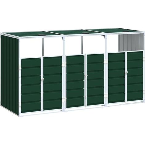 Unité de rangement enroulable pour trois poubelles vertes en acier (1/5)