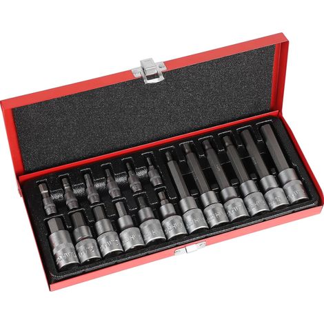 Set di 18 bussole da 1/2": H6-H14 (55 mm di lunghezza), H5-H12 (100 mm di lunghezza) e 1/4" H3-H8. Attacco esagonale. Valigetta in metallo.