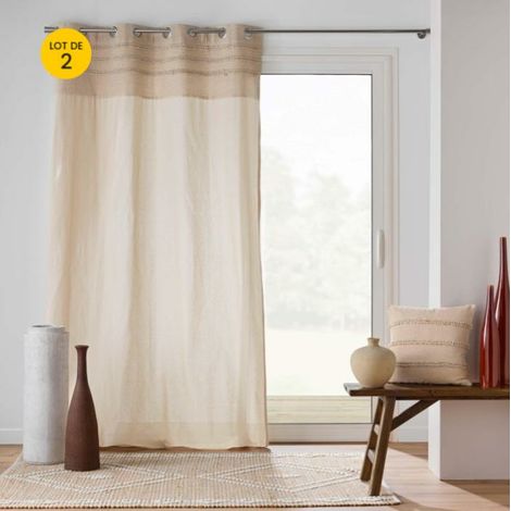Lot de 2 Rideaux à Œillets 140 x 240 cm – Coton/Polyester – Top Fantaisie Brodé – Modèle Hilary