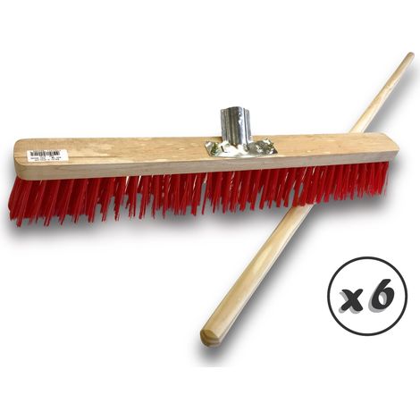 Lot de 6 balais d'atelier type cantonnier manché Piste Extérieur Longueur 60 cm Garnissage brosse PVC rouge Douille métal boulonnée Ø 28 mm Manche bois 1,40 m Kibros 6LOT2360BM