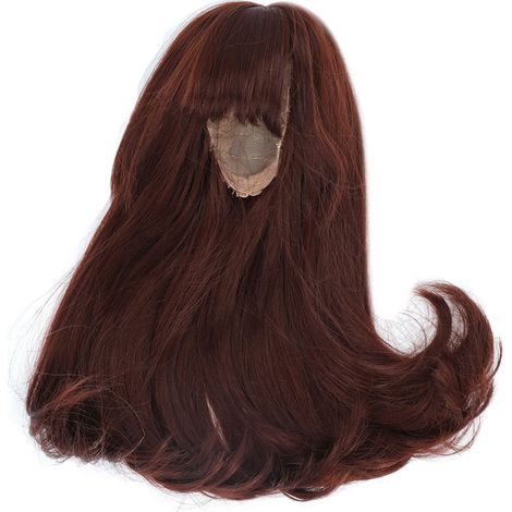 Peluca para cabeza de muñeca, tela de rejilla, flequillo recto, cabello largo, color marrón. (1/5)
