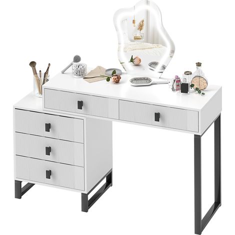 Dressing Table, Vanity Desk  Leaf Shape Mirror, Makeup Table  5 Drawers, 3-Colour LED Lights, 100x40cm Tabletop, White (1/5)