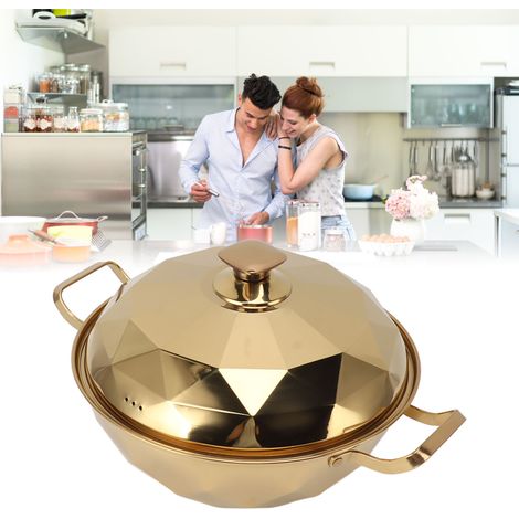 Olla a presión de acero inoxidable de dos niveles, modelo 201, con tapa y asa, color dorado. (1/5)