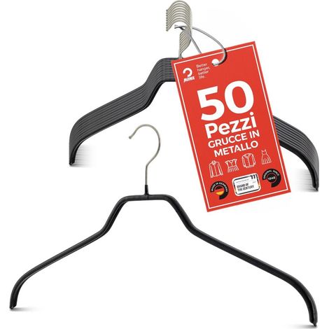 MAWA Grucce Appendiabiti, Set di 50 Grucce Salvaspazio e Antiscivolo, Ideali per Camicie e Bluse, Gancio Girevole 360°, Rivestimento Antiscivolo, 45 cm, Nero (1/5)