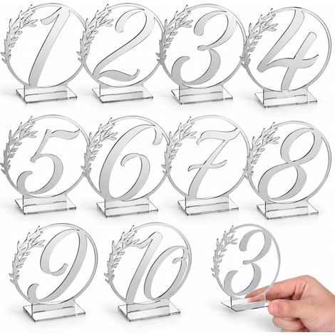 Lot de 10 marque-places en acrylique de 1 à 10 pour mariage, numéros de table réservés, banquet, décoration compacte et élégante (argenté) (1/5)