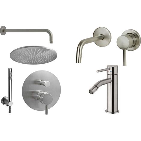 Set miscelatore lavabo a parete, bidet e kit doccia colore steel looking Paffoni Light KITLIG8ST